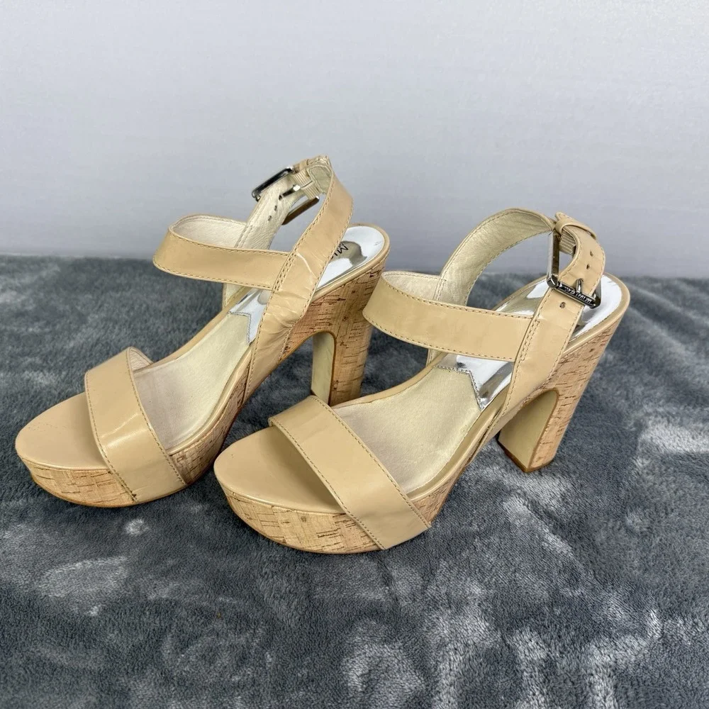 MICHAEL KORS IVANA SANDAL NUDE WOMEN PLATFORM OPEN TOE CORK HEELS SHOES SZ 9.5 M